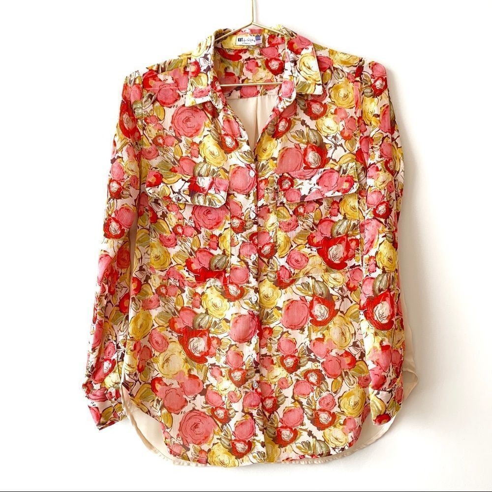 Kut From The Cloth Pink Yellow Floral Sheer Pockets Long Sleeve Button Up